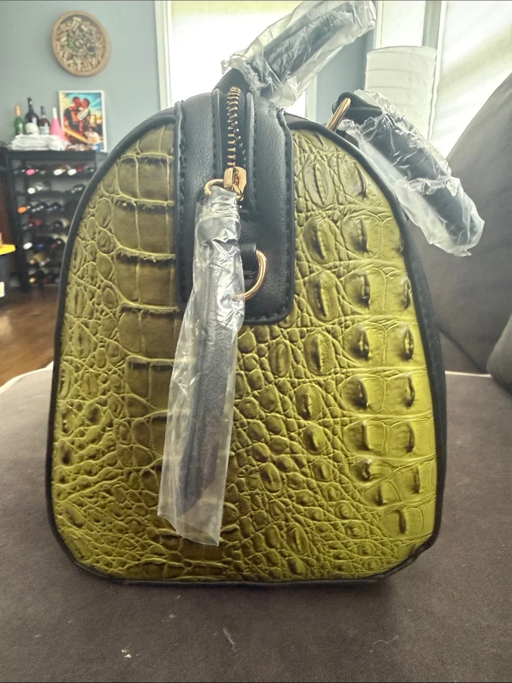 Green Croc-Embossed Satchel with Red & Green Stripe